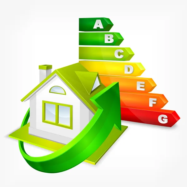 Energy efficiency rating with arrows and house — Stock Vector