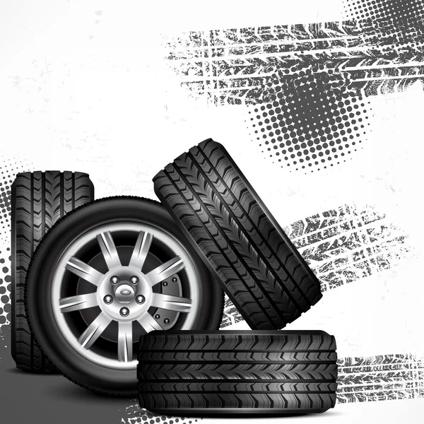 Rodas de carro e marcas de pneus — Vetor de Stock
