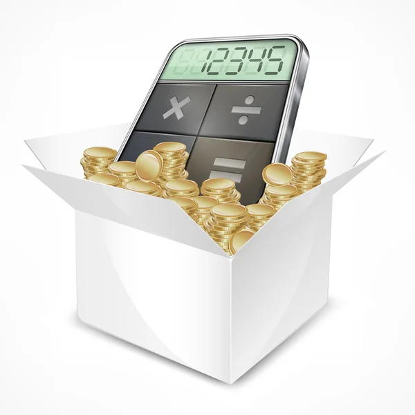 Calculadora de bolso na caixa com moedas —  Vetores de Stock