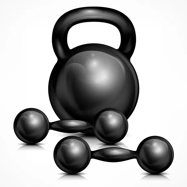 Metallic kettle bell and two dumbbells — Stock Vector