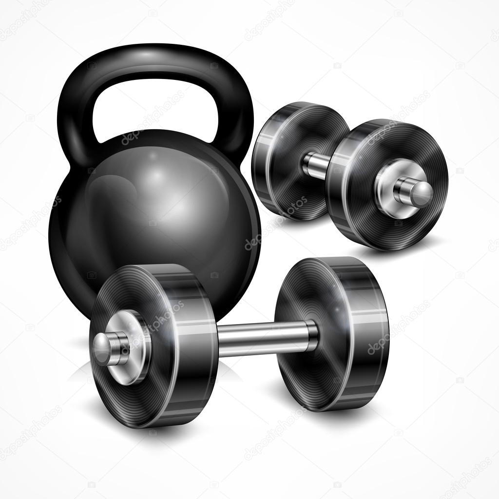 Metallic kettle bell and two dumbbells