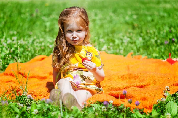 微笑んでいる女の子は草原の上に座っています。 — ストック写真