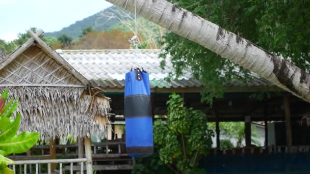 Punching bag outdoors. A place for sports in a tropical area — Stock Video
