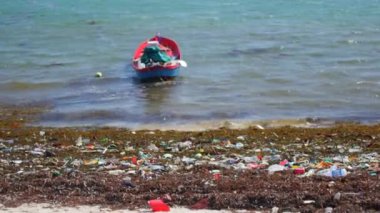 Plastic trash on the coast after high tide.