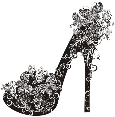 Shoes on a high heel decorated with flowers and butterflies