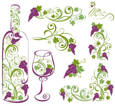 Vector wine design elements. Wine bottle and wineglass with grap