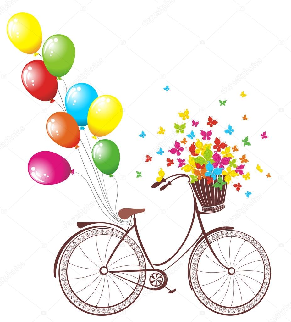 Romantische Geburtstagskarte. Fahrrad mit Luftballons und