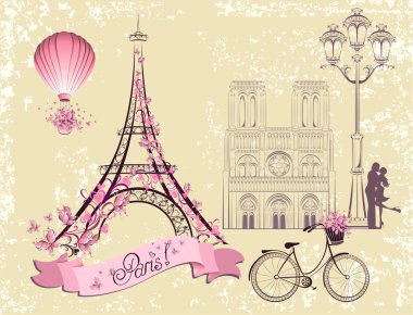 Paris symbols and landmarks. Romantic postcard from Paris. Vector set