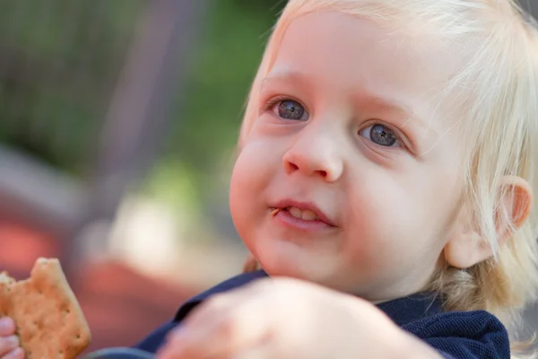 Cute blond boy with cookie — Stock Photo, Image