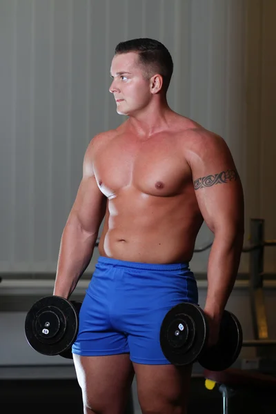 Powerlifter with dumbels in gym — Stock Photo, Image