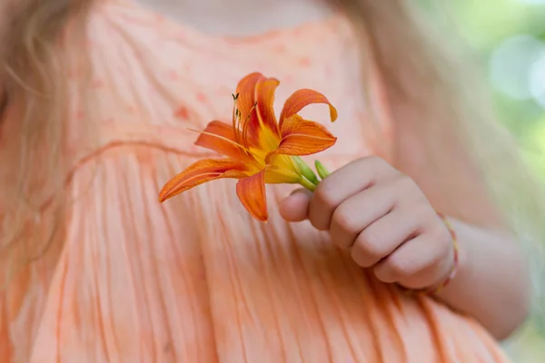 Little girl holding orange lilly flower — Stock Photo, Image