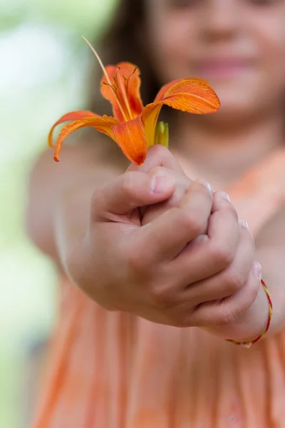 Kleines Mädchen schenkt dir orangefarbene Lilienblüte — Stockfoto