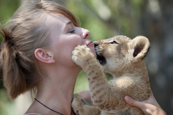 Liten lejon unge bitande flicka spela — Stockfoto