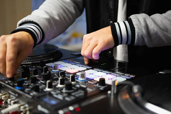 Hands Mixing Music Audio Mixer Professional Disc Jockey Equipment — Stock Photo, Image