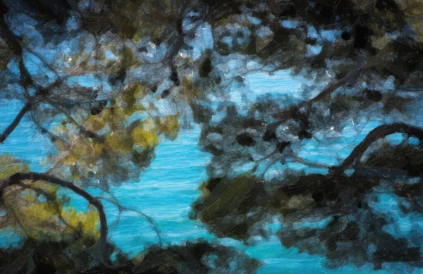 克罗地亚亚得里亚海沿岸的松树 用帆布纹理作画 用于壁纸设计 杉树画 — 图库照片