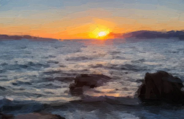 克罗地亚亚得里亚海沿岸美丽的落日 用帆布纹理为墙纸设计 克罗地亚海滨绘画 — 图库照片