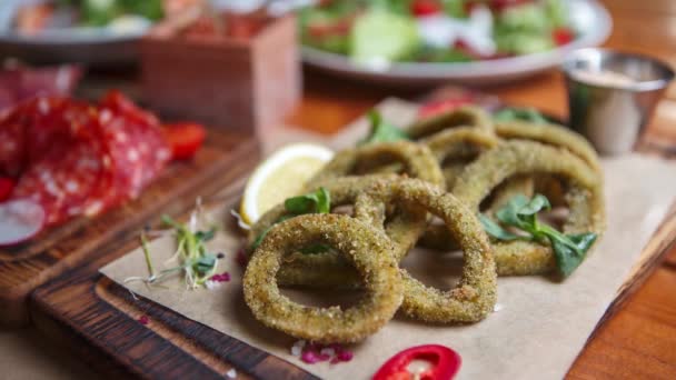 Stock Food Vídeo Com Anéis Lulas Fritas Cozidos Fritadeira Para — Vídeo de Stock