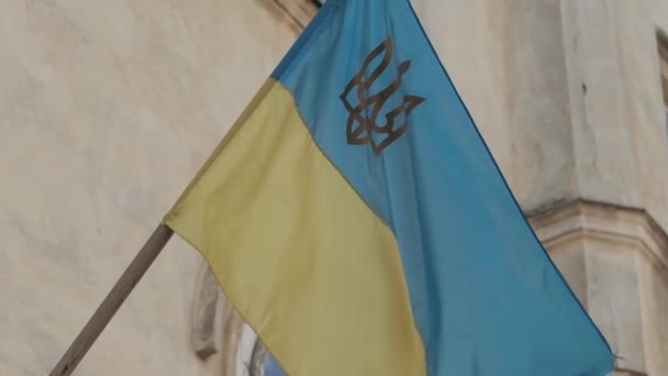 Nationalflagge Der Ukraine Mit Goldenem Tryzub Dreizack Symbol Das Auf — Stockvideo