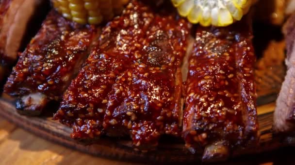 Pork Ribs Cooked Sous Vide Oven Dinner Meat Restaurant — Stock Video