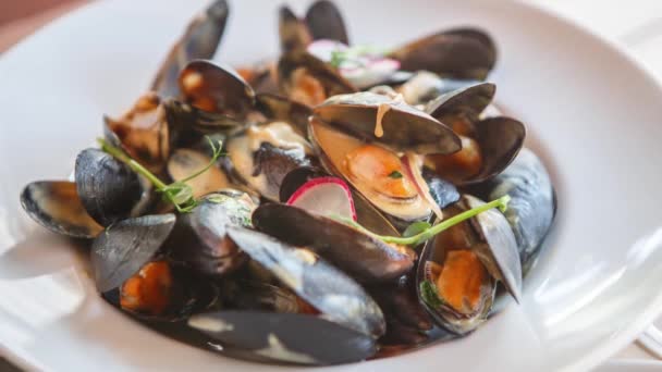 储存的食物视频与牡蛎烹调为晚餐在海鲜餐厅 制作酒食用煮熟的牡蛎 从上方拍摄在桌上 — 图库视频影像