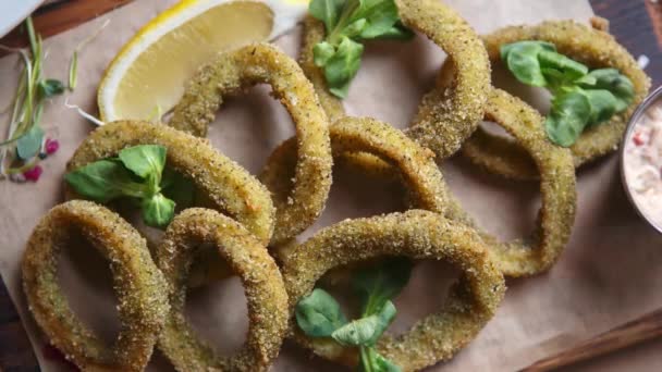 Deep Fried Squid Rings Cooked Beer Snack Bar Served Rustic — Stock Video