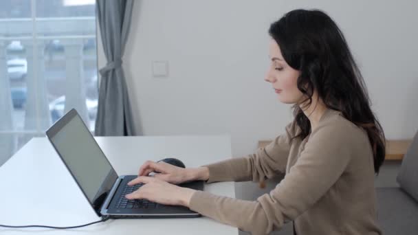 Kobieta Pracująca Własny Rachunek Wpisująca Tekst Klawiaturze Laptopa Siedząc Białym — Wideo stockowe