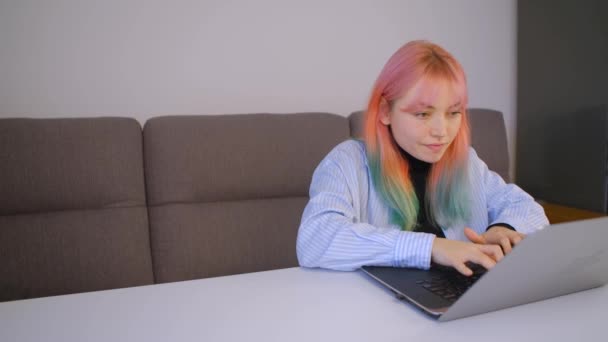 Focused Freelancer Working Home Lockdown Cute Young Girl Dyed Hair — Stock Video