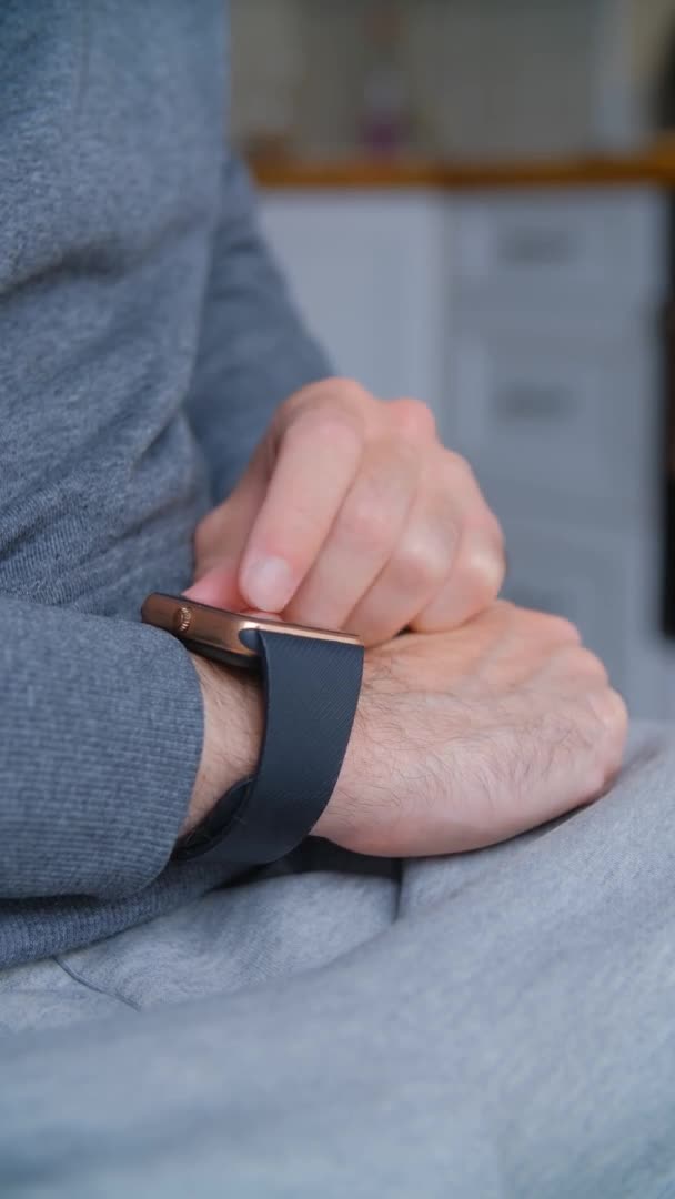 Man Using Modern Smart Watches Vertical Stock Video Person Browsing — Stock Video