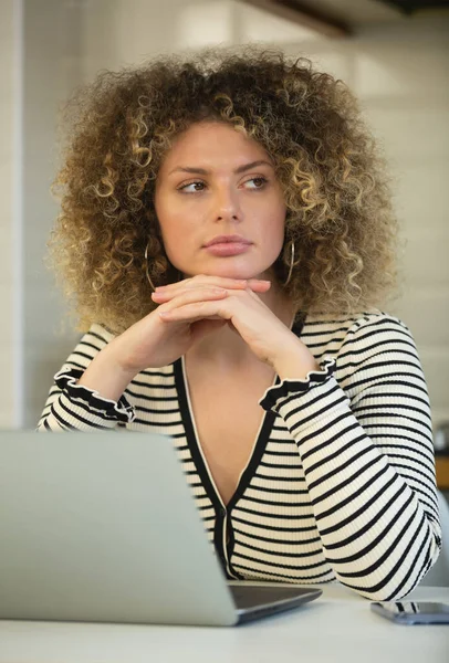 Beautiful Young Woman Working Laptop Computer Home Freelancer Female Think — Stock Photo, Image