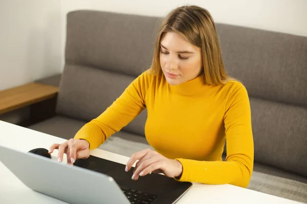 Hermosa Mujer Negocios Blanca Que Trabaja Ordenador Portátil Casa Empresaria —  Fotos de Stock