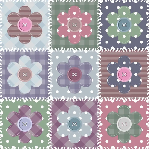 Fondo patchwork con flores y botones — Vector de stock