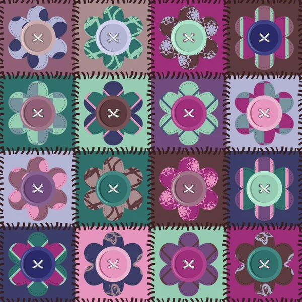 Fondo patchwork con flores y botones — Vector de stock