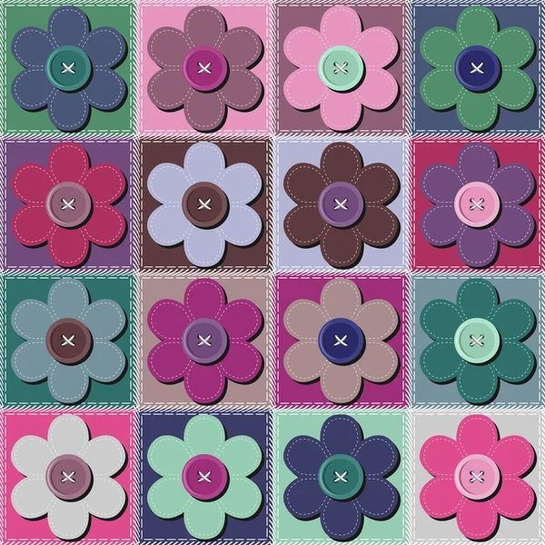 Patchwork φόντο με λουλούδια και κουμπιά — Διανυσματικό Αρχείο