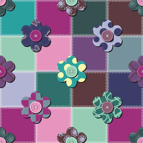 Fundo patchwork com flores e botões — Vetor de Stock