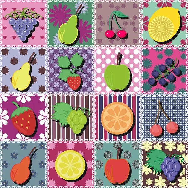 Früchte und Beeren auf Patchwork-Hintergrund — Stockvektor
