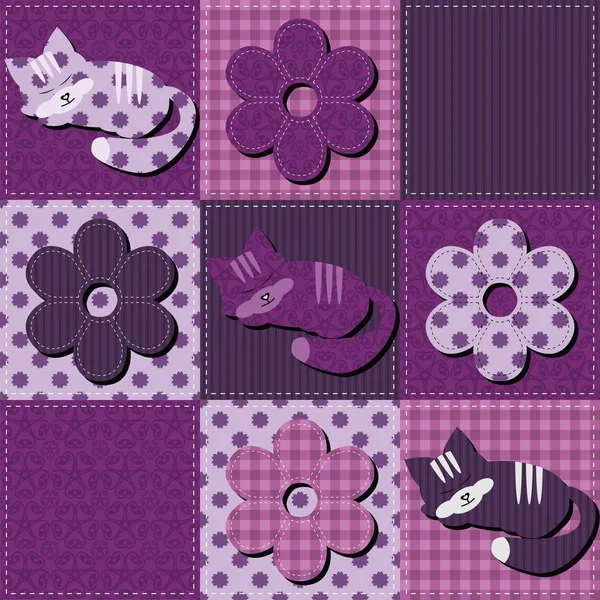 Background patchwork with flowers and cats — Stock Vector
