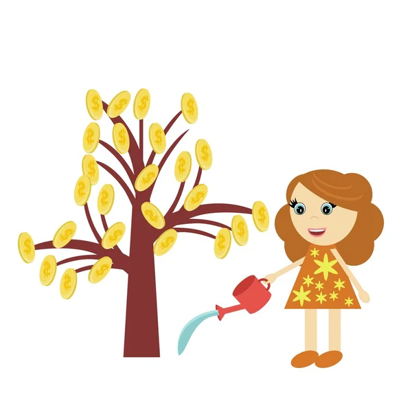 Κορίτσι πότισμα δέντρο χρήματα σε άσπρο φόντο — Stockový vektor
