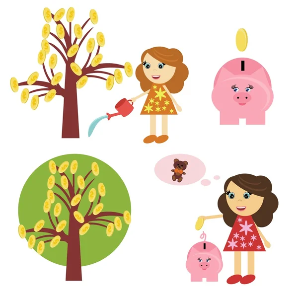 Árbol de dinero, chica y alcancía — Vector de stock