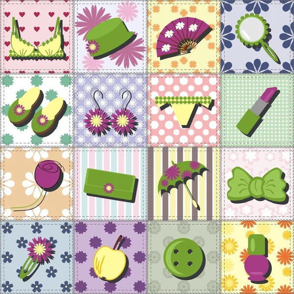 Objetos de la señora sobre fondo patchwork — Vector de stock