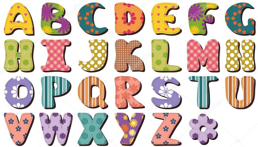 Different textile scrapbook alphabet on white background
