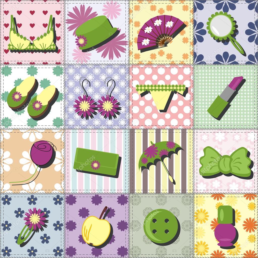 Lady objects on patchwork background