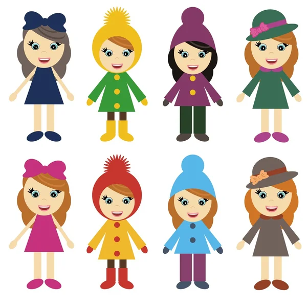 Girls in different clothes on white background — Stock Vector