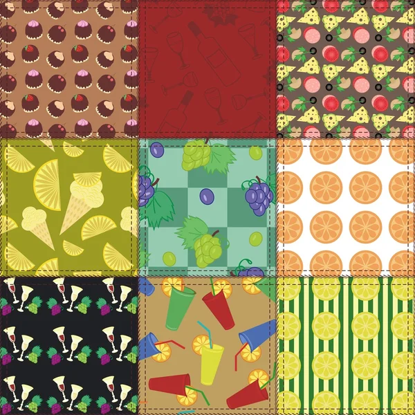 Patchwork fond avec de la nourriture et des boissons — Image vectorielle