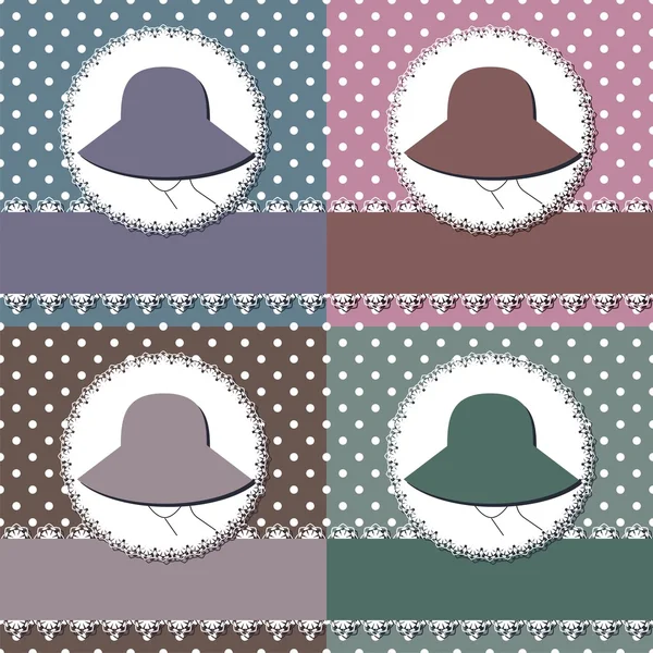 Quatro cenários de decoração com senhora com chapéu — Vetor de Stock