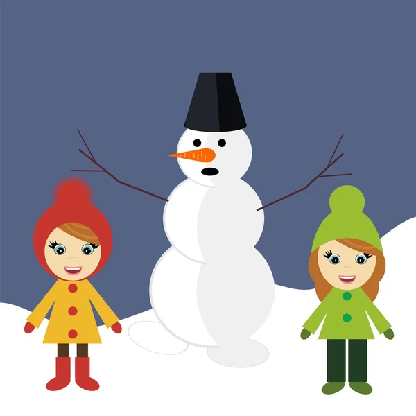 Boldog mosolygós gyerekek téli jelmezben hóembert csinálnak. Vektorillusztráció. — Stock Vector