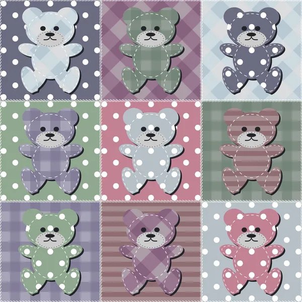 Patchwork fond avec des ours en peluche — Image vectorielle