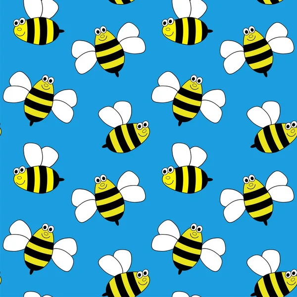 Nahtloser Hintergrund mit Bienen auf blau — Stockvektor