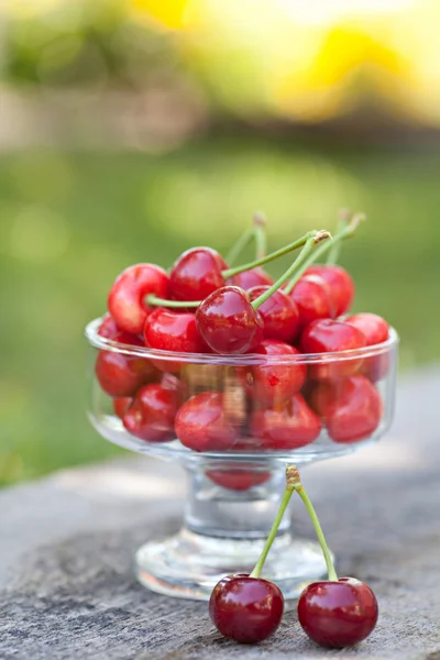 Zoete kers vruchten in kom buiten — Stockfoto