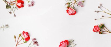 Çiçek kompozisyonu. Beyaz gri arka planda pembe gül çiçeklerinden yapılmış çerçeve. Düz yatış, üst görünüm