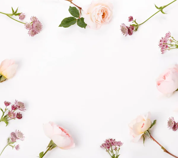 Composición floral festiva sobre el fondo blanco. Vista aérea — Foto de Stock